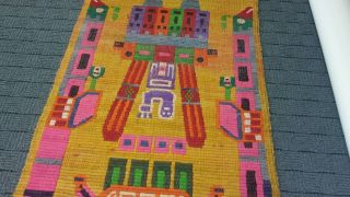 VTG woven Native American Aztec Wall Wool Mexican Goddess Weaving Rug Art bug 4