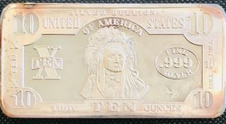 Scpm 10 Oz Vintage Silver Bar Ten Dollar Indian Note.  999 Fine
