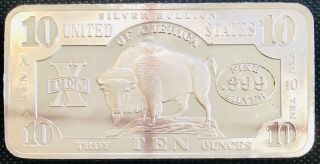 Scpm 10 Oz Vintage Silver Bar Ten Dollar Buffalo Note.  999 Fine