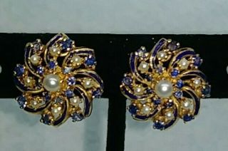 14k Solid Gold Antique Sapphire & Seed Pearl Enamel Clip On Earrings 11.  3 Grams