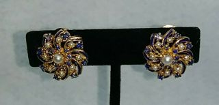 14k Solid Gold Antique Sapphire & Seed Pearl Enamel Clip On Earrings 11.  3 Grams 2