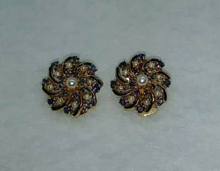 14k Solid Gold Antique Sapphire & Seed Pearl Enamel Clip On Earrings 11.  3 Grams 4