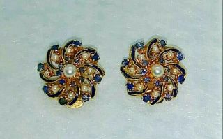 14k Solid Gold Antique Sapphire & Seed Pearl Enamel Clip On Earrings 11.  3 Grams 5