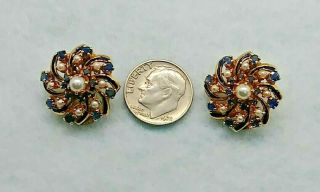 14k Solid Gold Antique Sapphire & Seed Pearl Enamel Clip On Earrings 11.  3 Grams 6