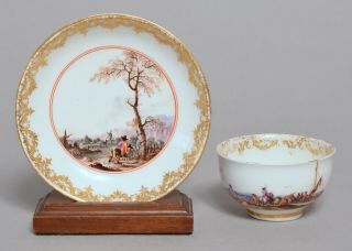 Wonderful Antique 18thc Meissen Porcelain Tea Bowl & Saucer Dutch Harbour Scenes