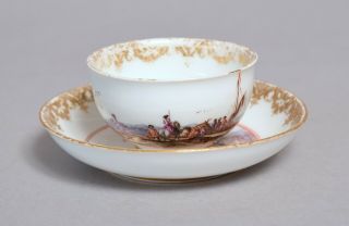 WONDERFUL ANTIQUE 18THC MEISSEN PORCELAIN TEA BOWL & SAUCER DUTCH HARBOUR SCENES 2