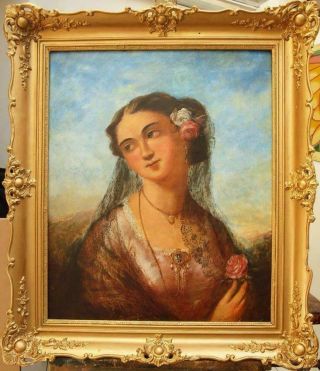 Large 19th Century Portrait Spanish Young Lady Antique Oil Painting