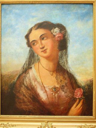 LARGE 19th Century PORTRAIT SPANISH YOUNG LADY Antique Oil Painting 2