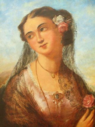 LARGE 19th Century PORTRAIT SPANISH YOUNG LADY Antique Oil Painting 3