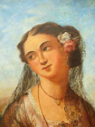 LARGE 19th Century PORTRAIT SPANISH YOUNG LADY Antique Oil Painting 4