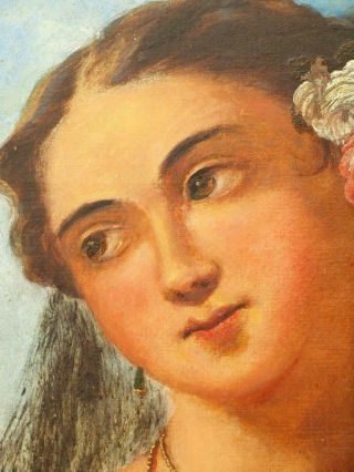 LARGE 19th Century PORTRAIT SPANISH YOUNG LADY Antique Oil Painting 6