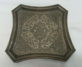 Antique Ornate Engraved Persian Turkish Arabesque Silverplate Square Tray