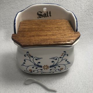 Vintage Ceramic Hanging Salt Cellar/box Blue Floral Wood Lid W/spoon And Sticker