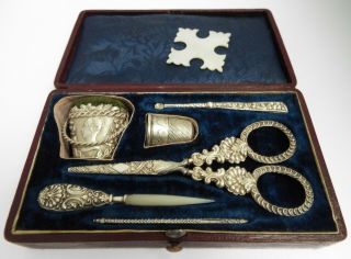 Fabulous Rare Cased Antique 19th Century C.  1840 Solid Sterling Silver Sewing Set