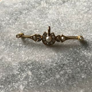 Antique Victorian Diamond And Pearl Set Horseshoe Gold Pendant Brooch
