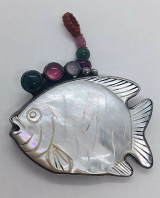 Amy Kahn Russell Sterling Silver Mother Of Pearl Tourmaline Figural Fish Pendant