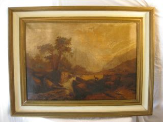 Antique Oil Painting Of Landscape With Deer