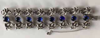 SIGNED WIDE VINTAGE 1940 ' S MEXICAN STERLING SILVER BLUE GLASS BRACELET 2