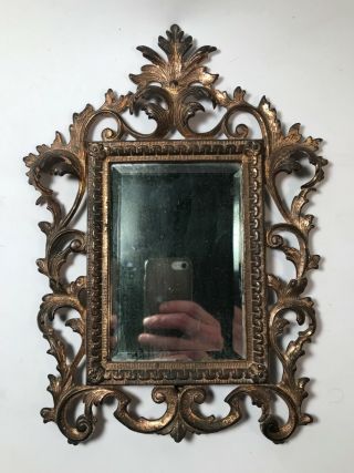 Antique Gilt Cast Bronze Victorian / Art Nouveau Small Beveled Mirror