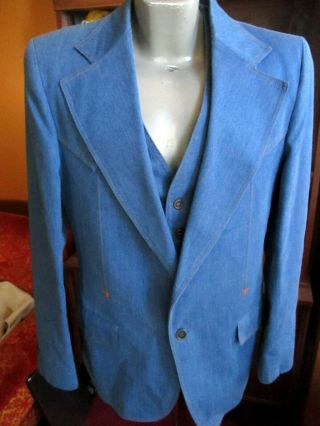 42l True Vtg 70s H Bar C Soft Denim Western Disco Suit 33x33 Jeans Blazer Vest