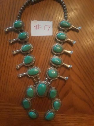 Antique Squash Blossom Necklace Candelaria Turquoise Sterling 212 Grams 26 " Big