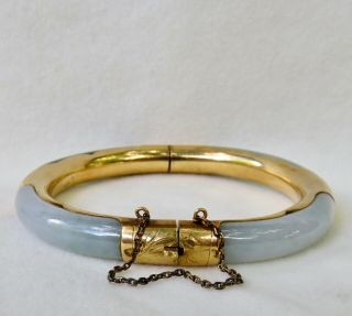 Vintage Chinese Rare Gray & Black Jade 14k Gold Hinged Bangle Bracelet
