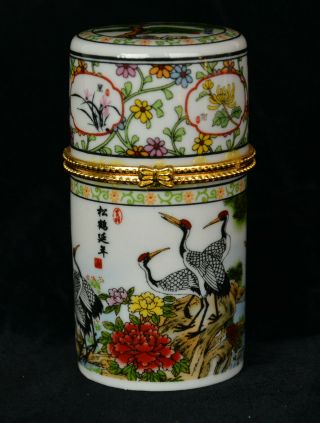 Folk Chinese Porcelain Pine Tree Crane Toothpick Box Holder Storage Jewelry Box
