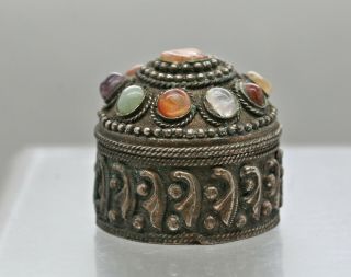 Vintage Lovely Tibetan Silver Alloy Trinket Box Set With Semi - Precious Gemstones