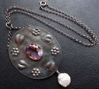 antique arts crafts SILVER AMETHYST PEARL flower pendant chain necklace - D467 2