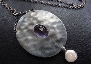 antique arts crafts SILVER AMETHYST PEARL flower pendant chain necklace - D467 5