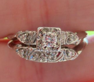 14k Antique Vintage Art Deco Floral Hearts Diamond Engagement Wedding Ring Set