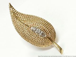 Fine White Diamond 14k Gold Pin Long Vintage Leaf Midcentury From Ny Estate