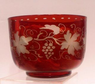 Antique Bohemian Glass Ruby Red Flashed Engraved Grape Leaf Design Finger Bowl