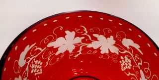 ANTIQUE BOHEMIAN Glass Ruby Red Flashed Engraved Grape Leaf Design Finger Bowl 3