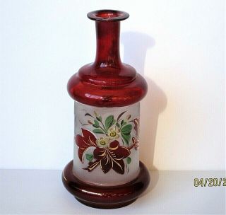 Antique Bristol Glass Vase Ruby Flashed Hand Painted Floral,  Signed
