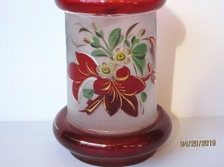 ANTIQUE BRISTOL GLASS VASE RUBY FLASHED hand painted FLORAL,  Signed 2