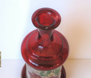 ANTIQUE BRISTOL GLASS VASE RUBY FLASHED hand painted FLORAL,  Signed 3