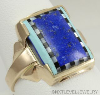 Antique Art Deco Turquoise Lapis Pearl & Onyx Inlay 10k Solid Gold Men 