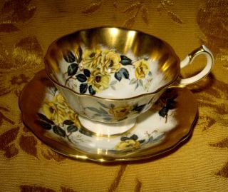 Queen Anne Footed Wide Yellow Roses Cup & Saucer Heavy Gold Made In England
