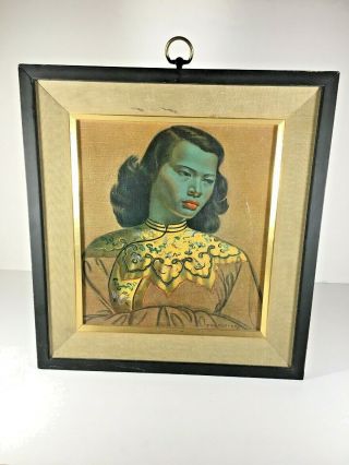 Vintage Trenchikoff Chinese Girl Canvas Print Frame Set Mid Century Art USA 2