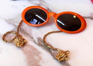 GIANNI VERSACE orange mod glasses w/ gold - toned chain arms & Medusa Head charms 2