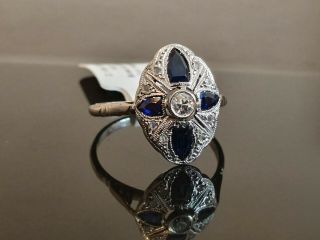 Art Nouveau 18k White Gold Ring With Old Cut Diamonds & Sapphires