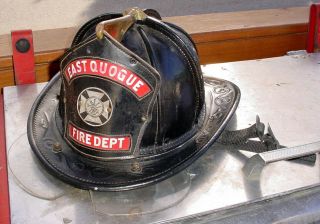 Antique Embossed Carns Leather East Quogue Fire Dept.  Helmet Ny ? W/ Shield N/r