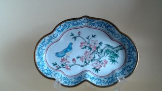 Antique Chinese Canton Enamel On Copper Bird In Foliage Lobed Bowl C1900