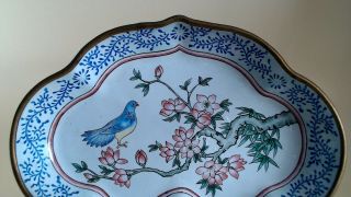 ANTIQUE CHINESE CANTON ENAMEL ON COPPER BIRD IN FOLIAGE LOBED BOWL C1900 2