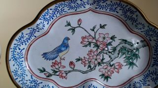 ANTIQUE CHINESE CANTON ENAMEL ON COPPER BIRD IN FOLIAGE LOBED BOWL C1900 5