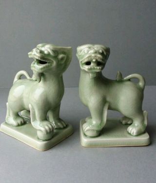 Celadon Green Glaze Foo Fu Dogs Guardian Lions Figurines. 2