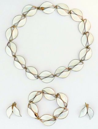 Vintage Sterling Silver David Andersen White Guilloche Enamel Leaf Necklace Set