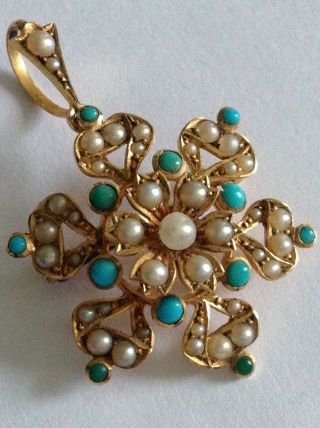 Fine Victorian 15ct Gold Turquoise & Seed Pearl Set Cluster Pendant