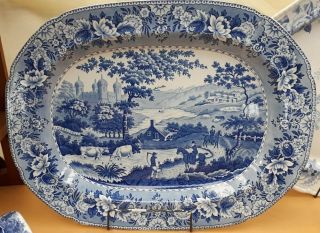 Antique Pottery Pearlware Blue Transfer 18 " Ladies Llangollen Platter 1825